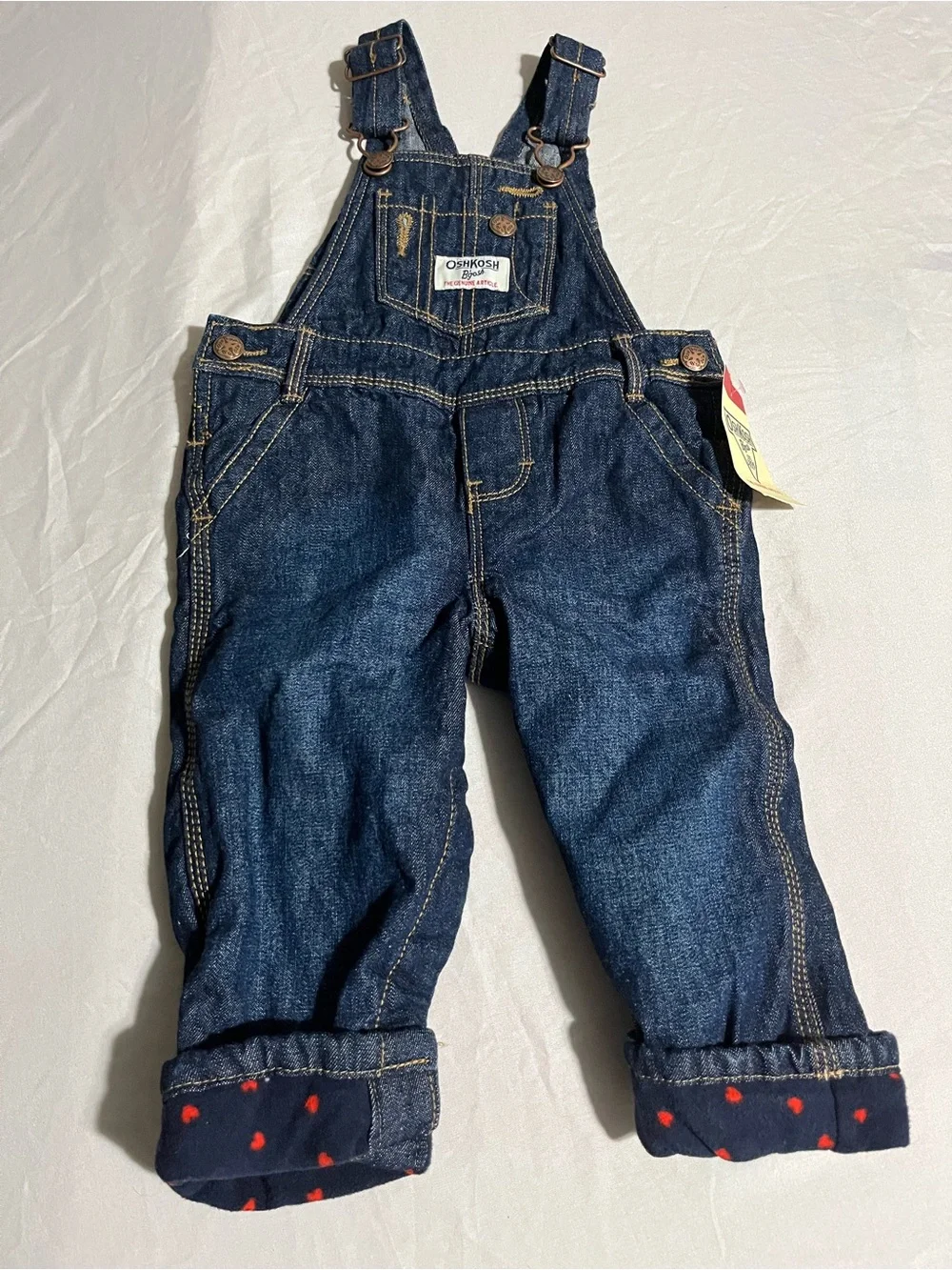 OshKosh B'gosh Dark Blue Denim Overalls with Heart Print Girls Size 9 Months NWT
